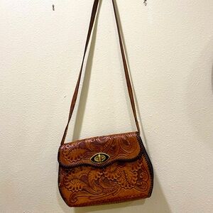 Hand tooled leather crossover purse